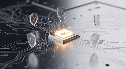 Cybersecurity concept showing microchip and shield icons floating above it