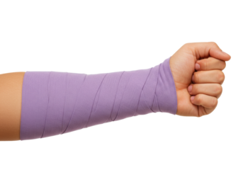 Isolated lower arm tightly wrapped in lavender bandage on a person's hand, close-up shot