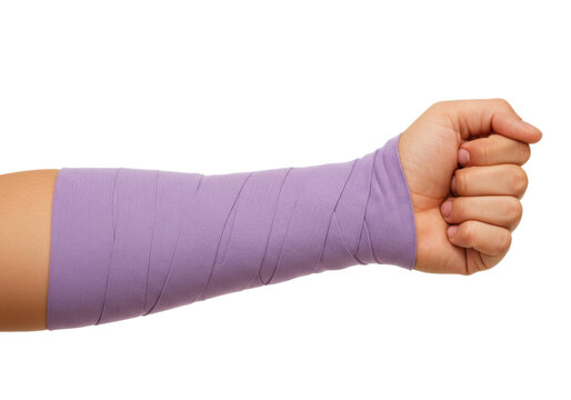 Isolated lower arm tightly wrapped in lavender bandage on a person's hand, close-up shot