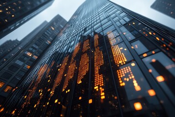 Modern glass skyscraper reflecting dynamic glowing orange digital financial data visualizations on its sleek facade, symbolizing technology, business, and urban innovation.