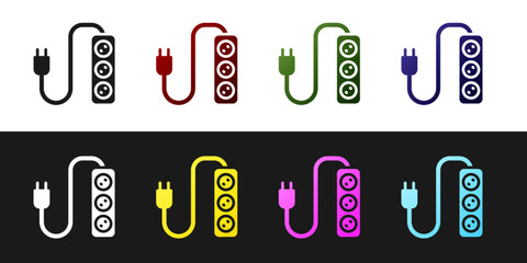 Set Electric extension cord icon isolated on black and white background. Power plug socket. Vector