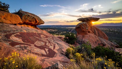 Scenic sunrise over sandstone formations with ancient petroglyphs, showcasing golden light and vast wilderness