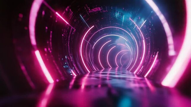 Navigating futuristic neon virtual tunnel with glowing lights