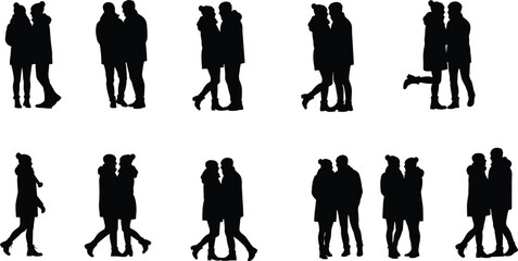 Silhouette of romantic couple walking together, man and woman in love embracing, people enjoying affection, relationship, romance, and togetherness 