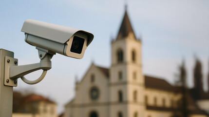 CCTV camera mounted outside church building surveillance monitoring system security protection observation vigilance and safety enforcement for religious architecture environment and public area