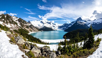 Stunning panorama of a turquoise lake nestled amidst snow-capped mountains under a bright blue sky with wispy clouds