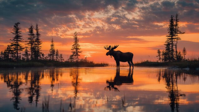 Moose silhouette standing in water at sunset with tree reflections