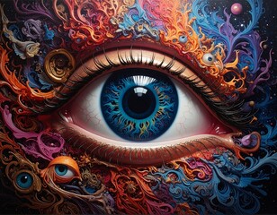 Surreal digital art depicting an eye at the center with colorful, flowing, abstract patterns surrounding it