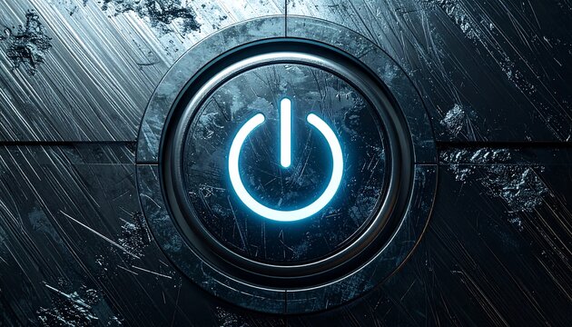 Glowing blue power button on a dark, textured metallic surface, symbolizing technology activation, energy, and digital control, evoking a futuristic or industrial theme