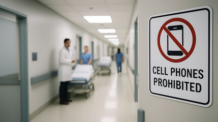 Cell phones prohibited sign on wall inside hospital hallway concept of regulation for healthcare environment safety order and patient care