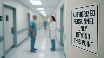 Authorized personnel only beyond this point sign on hospital wall restricted access medical discipline security enforcement rule and workplace safety regulation in healthcare environment