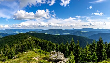 Wide-angle shot displaying lush, rolling mountains covered in green trees. Bright blue sky with fluffy white clouds above
