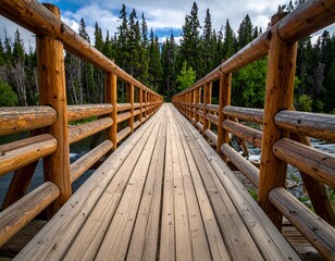 Wooden bridge extends across a flowing river surrounded by vibrant green trees under a partly cloudy sky. Perspective view