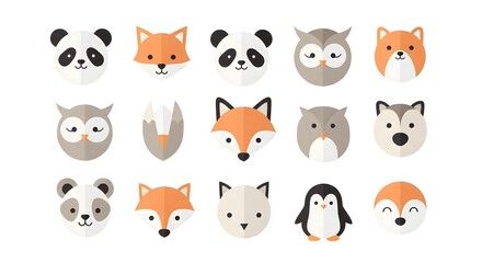 Adorable collection of cute flat design animal faces including pandas, foxes, owls, penguins, and wolves for playful designs