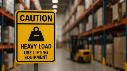 Caution heavy load use lifting equipment sign inside warehouse  workplace safety warning hazard prevention protective rule guideline regulation and discipline for industrial storage environment