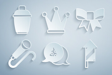 Set Slice of pizza, Gift bow, Microphone, Firework rocket, Crown and Cocktail shaker icon. Vector