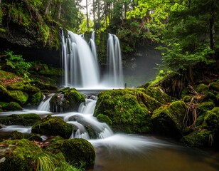 A captivating waterfall cascades over moss-covered rocks in a lush, vibrant forest setting. Smooth water flow contrasts with surrounding greenery