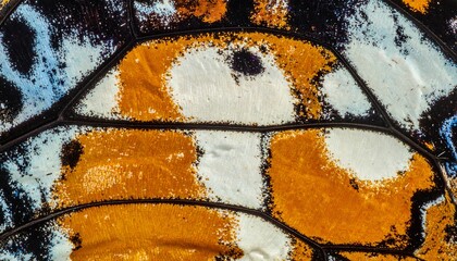 A close-up of a butterfly wing, revealing intricate patterns of orange, white, blue, and black, with a detailed cellular structure