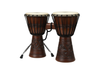 Isolated pair of African djembe drums, conga drums on a stand; percussion instrument