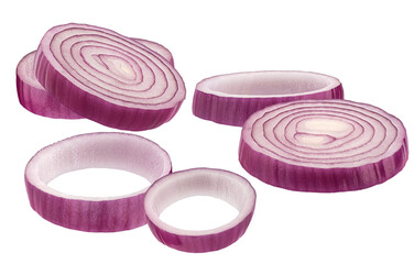 grouping of fresh, circular red onion slices and rings scattered casually, emphasizing the texture and purple color, isolated dramatically on a pure transparent background.