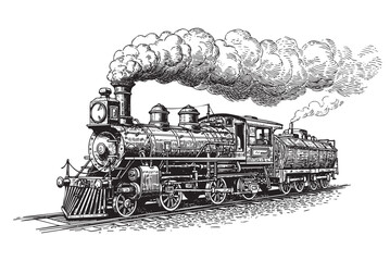 Steam Locomotive Vintage Train on Tracks with Heavy Smoke and Steam Billowing Out engraving vector illustration © trianatio