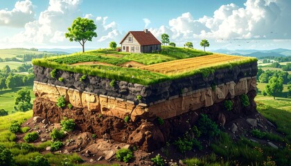 A cross-section reveals a tiny house situated on a floating plot of land with layers of soil, and a vibrant, rural landscape