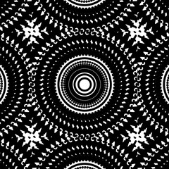 Black and white abstract geometric mandala pattern with circular floral and psychedelic design