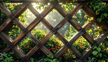 A diamond-patterned wooden fence provides a view into a lush garden brimming with greenery and colorful flowers. Sunlight streams through