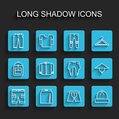 Set line Short or pants, Skirt, Pants, Men underpants, Winter hat, T-shirt, Asian conical and icon. Vector