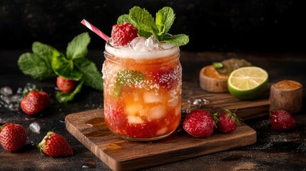 Strawberry and Raspberry Cocktail in Mason Jar: Refreshing Drink with Crushed Ice, Mint, and Sugar Rim on a Wooden Board, Rustic Presentation