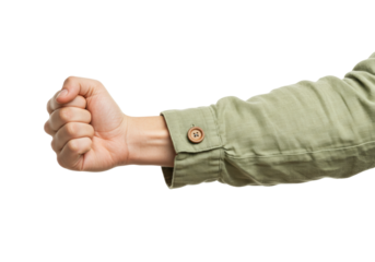 Isolated arm gesture, fist clenched in light green, linen shirt sleeve with buttoned cuff