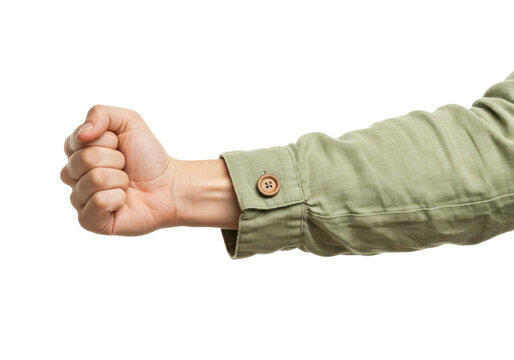 Isolated arm gesture, fist clenched in light green, linen shirt sleeve with buttoned cuff