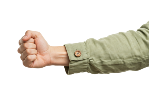 Isolated arm gesture, fist clenched in light green, linen shirt sleeve with buttoned cuff
