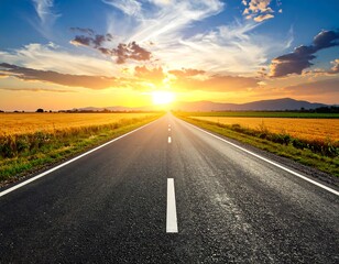 A long, straight road leads toward a vibrant sunset, flanked by fields of golden grain under a dynamic, cloudy sky