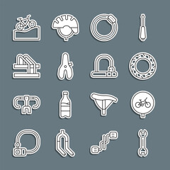 Set line Wrench spanner, Bicycle, wheel tire, brake disc, seat, parking, Mountain bicycle and lock icon. Vector