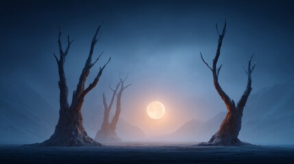Gnarled, leafless trees standing in a desolate, misty landscape at night, with a large, glowing full moon illuminating the hazy sky and distant mountains