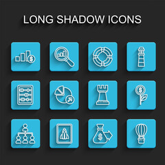 Set line Hierarchy organogram chart, Startup project concept, Pie and dollar, Money bag, Hot air balloon, Financial growth, Dollar plant and Chess icon. Vector
