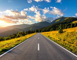 A long, straight road stretches towards distant mountains under a sky filled with clouds, bathed in golden sunlight