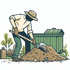Person with shovel and Compost pile 