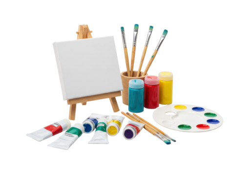 Isolated artist set with paints, brushes, and easel for creative and artistic endeavors