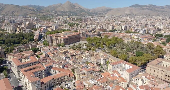 Aerial view of the Palazzo dei Normanni, also known as Royal Palace. It is located in the historic center of Palermo, Sicily, Italy. It is one of the city's most visited monuments and a Heritage Site.