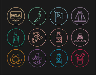 Set line Cactus or succulent in pot, Mexican sombrero, Mexico flag, Nachos, Tequila bottle, Hola, and Hot chili pepper pod icon. Vector © vector_v