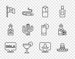Set line Hola, Mexican sombrero, Burrito, Margarita cocktail, Mexico flag, Cactus, and Tequila bottle with lemon icon. Vector © vector_v