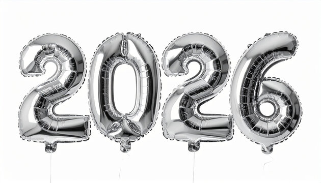 Silver foil balloon numbers 2026 isolated on white background, shiny metallic surface.