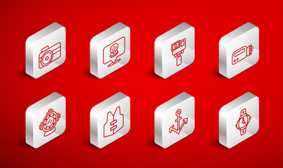 Set line Diving watch, Scallop sea shell, Action extreme camera, Flashlight for diver, Anchor, Photo, Life jacket and Aqualung icon. Vector