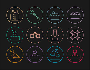 Set line Periscope, Radar with targets, Submarine, Binoculars, Seagull sits on buoy, Life jacket, Sailor captain and Dead fish icon. Vector