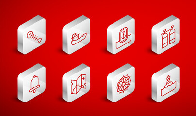 Set line Floating buoy, Cargo ship, Location with anchor, Aqualung, Ship steering wheel, Dead fish, Pirate treasure map and bell icon. Vector