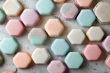 Obraz premium An overhead shot displays an assortment of delicate, pastel-colored, hexagon-shaped macarons scattered beautifully on a textured grey background, showcasing their intricate details and soft hues.
