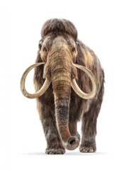Obraz premium Mammoth, full frontal view, against white background. Large, furry creature, with long tusks and shaggy coat, facing forward. Naturalistic rendering, spotlighting detail