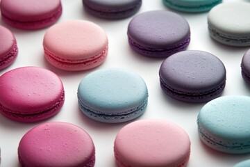 Obraz premium A delightful arrangement of vibrant macarons in various pastel shades including pink, purple, and blue, artfully placed on a clean white background.